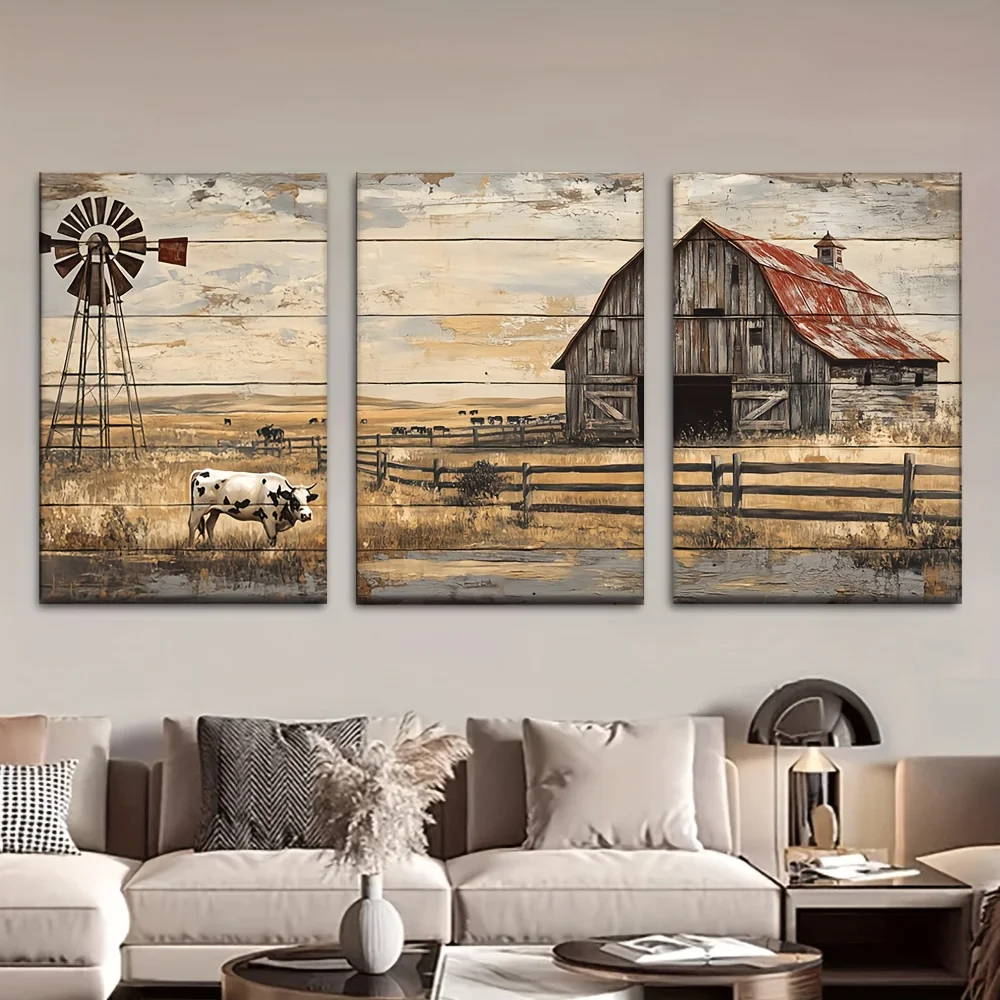 (No frame)2D Flat, 2D Flat, A Set of Three Unframed Canvas Prints Featuring a Farmhouse, Windmill, And Cow, Suitable for Deco