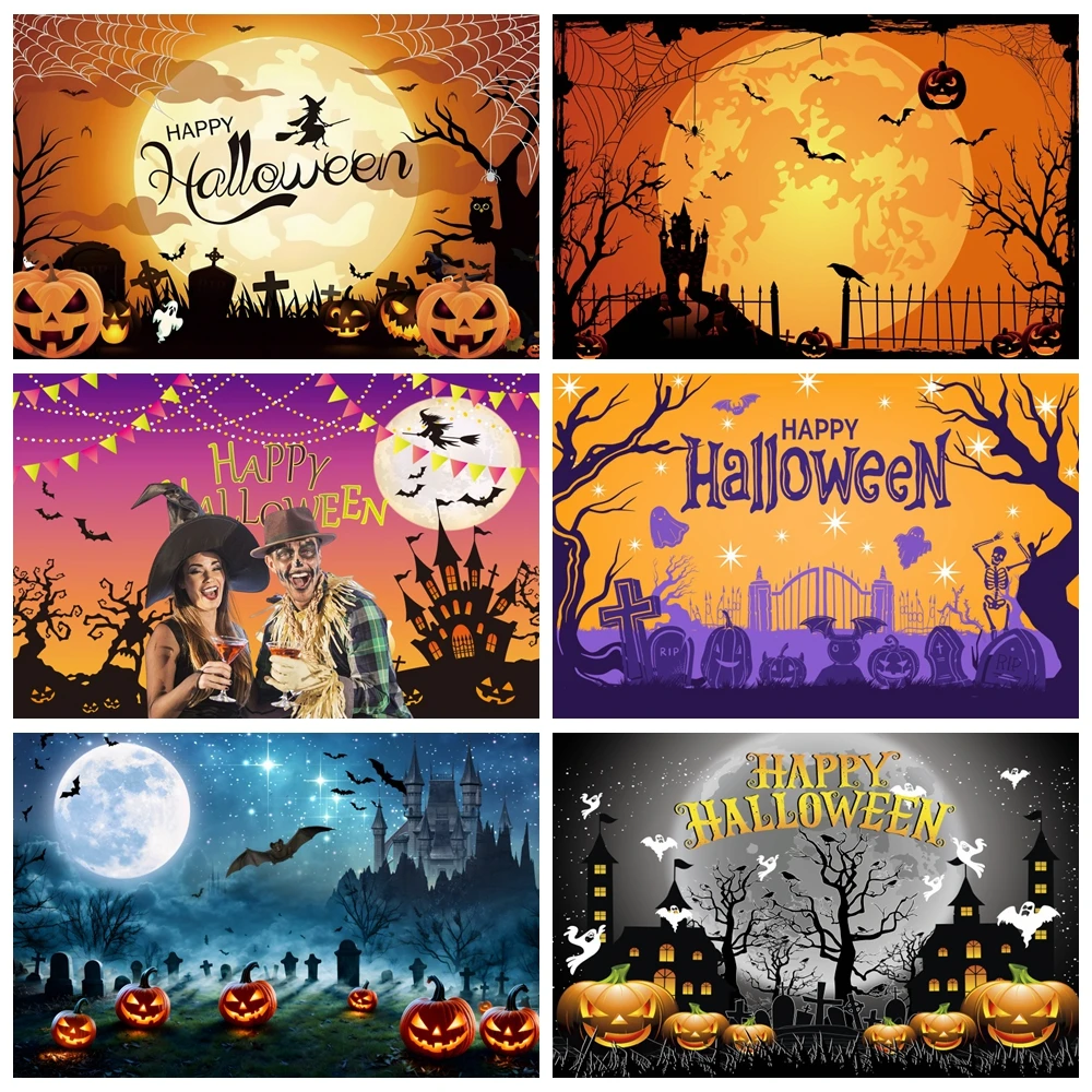 

Happy Halloween Horror Castle Backdrop Full Moon Scary Night Halloween Background Skeleton Pumpkin Kids Cosplay Supplies Banner