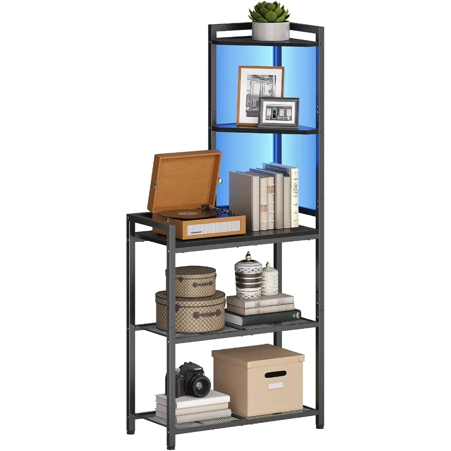 5Tier Corner Shelf Stand Corner Shelf with LED Light 56.3 Tall Corner Bookshelf Display Rack Storage Organizer with Table for S