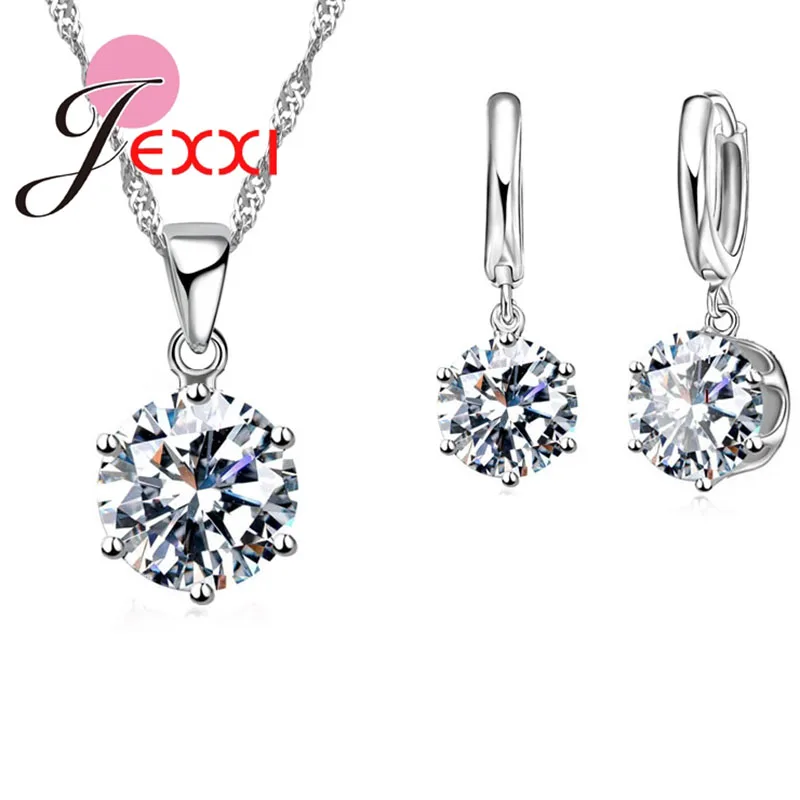 Top CZ Jewelry Sets Silver Necklace Earrings Cubic Zirconia Crystal Round Drop El Collar Lady Best Gift