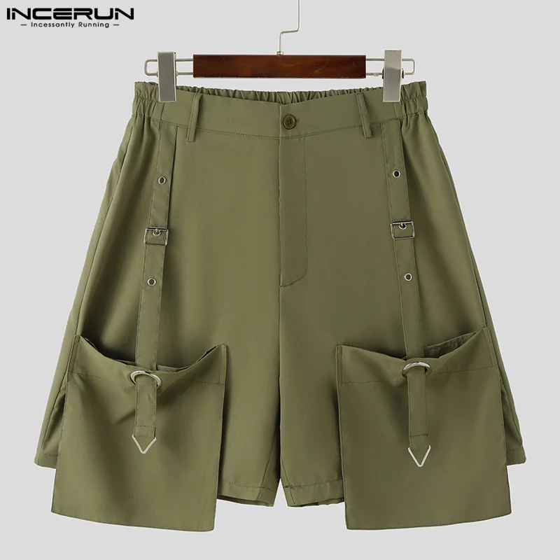 INCERUN 2024 Korean Style Shorts Mens Metal Buckle Design Casual Shorts Fashion Male Streetwear Waist Elastic Solid Shorts S-5XL