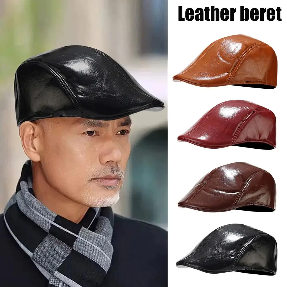 

Solid Color Newsboy Cap Bright Leather-like Warm Forward Hat Short Brim Flat Cap Men PU Leather Beret Hat British Painters Hat