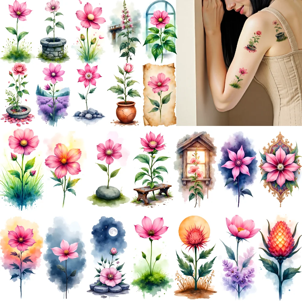 

9pcs Temporary Tattoo Watercolor Flowers Watercolor Flower Art Waterproof Long-lasting Body Stickers For Arms Chest