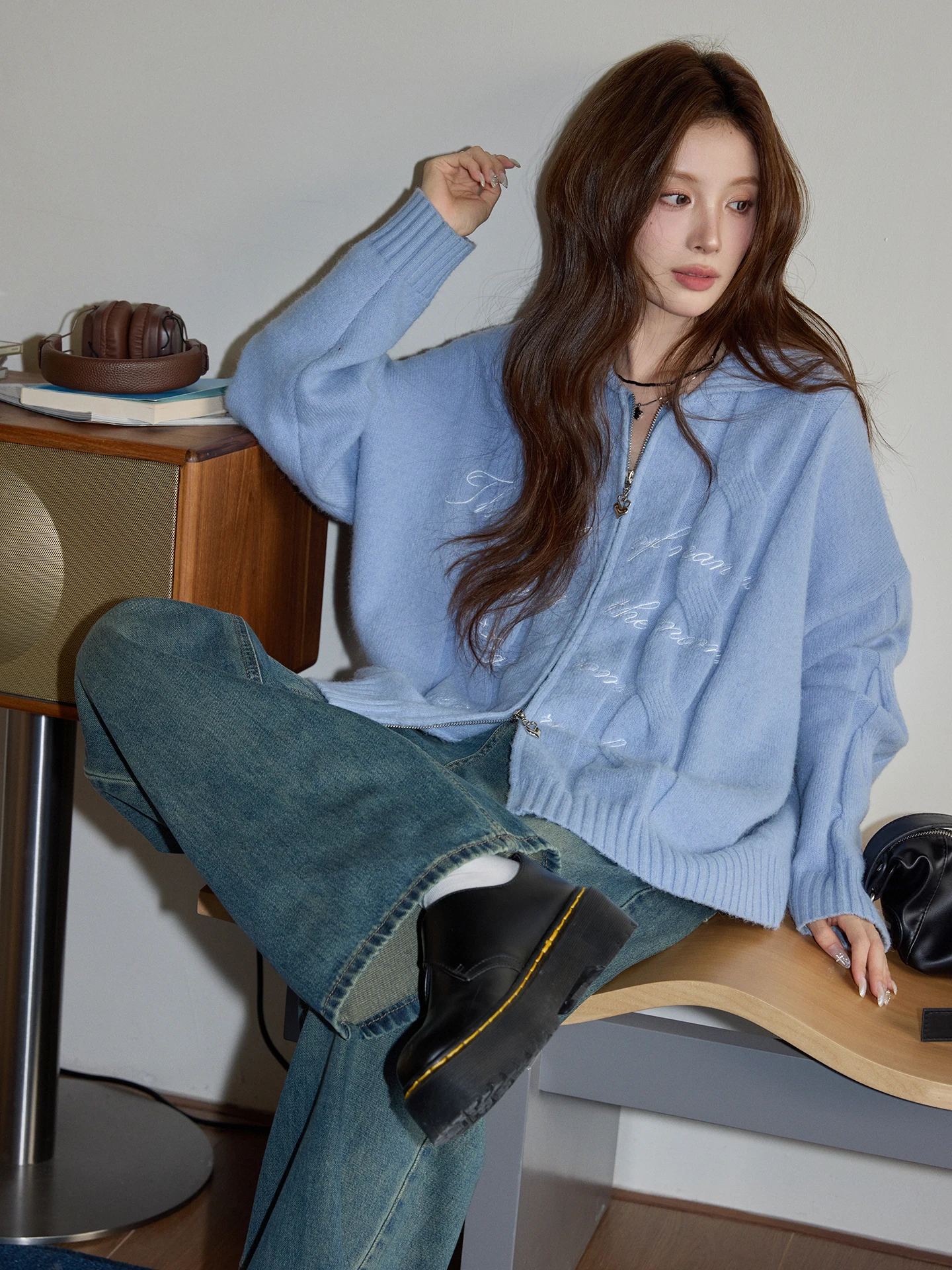 

Blue Thiened Knitted Sweater Women's Winter Double Zipper Coat Turn-down Collar Open Cardigan Lazy Knit Top Commute Sle L...