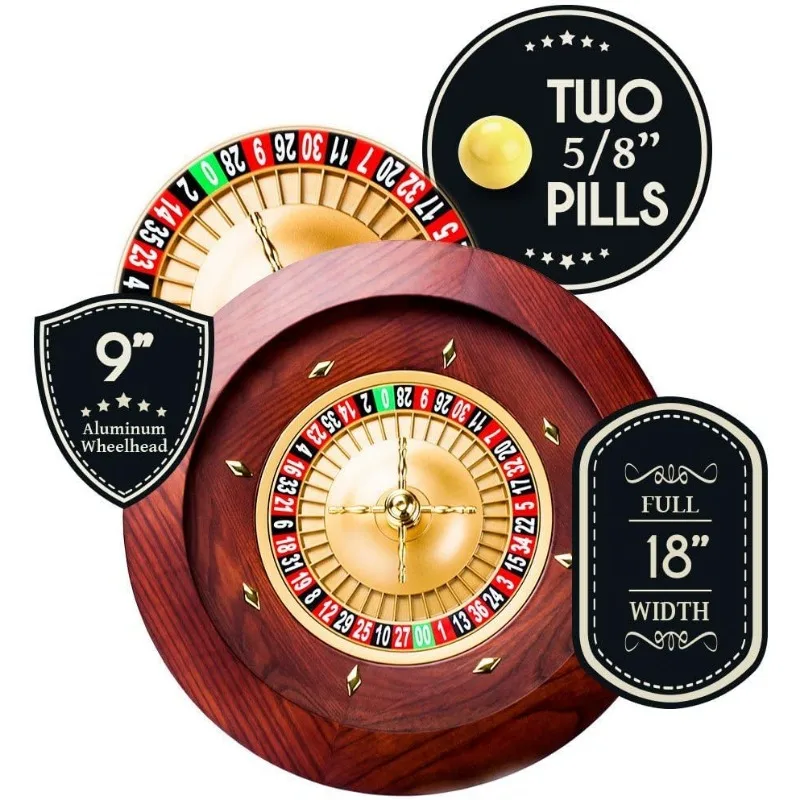 Deluxe-Rulette-Rad-Set aus Holz, 45,7 cm, Rot/Braun, Mahagoni, Doppel-Null-Layout, Präzisionslager in Casino-Qualität, Flugzeugaluminium