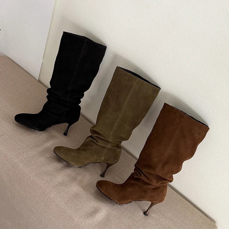 ESVEVA 2027 News Women Knee High Boots Winter Cow Suede Woman Shoes Fashion High Heels Casual Autumn Western Long Boots 34-40
