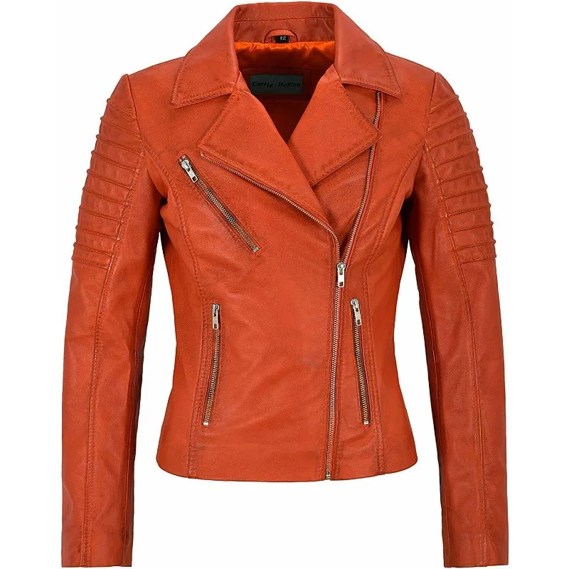 

HOT Women Genuine Lambskin Real Leather Jacket Orange Quilted Stylish Biker Coat