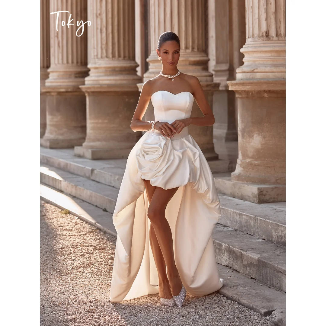 

Tokyo 3D Rose Satin Strapless High Low Dress Elegant Modern High Low Hem Prom Dress Luxury Chic Ruched Detail Wedding Party Gown