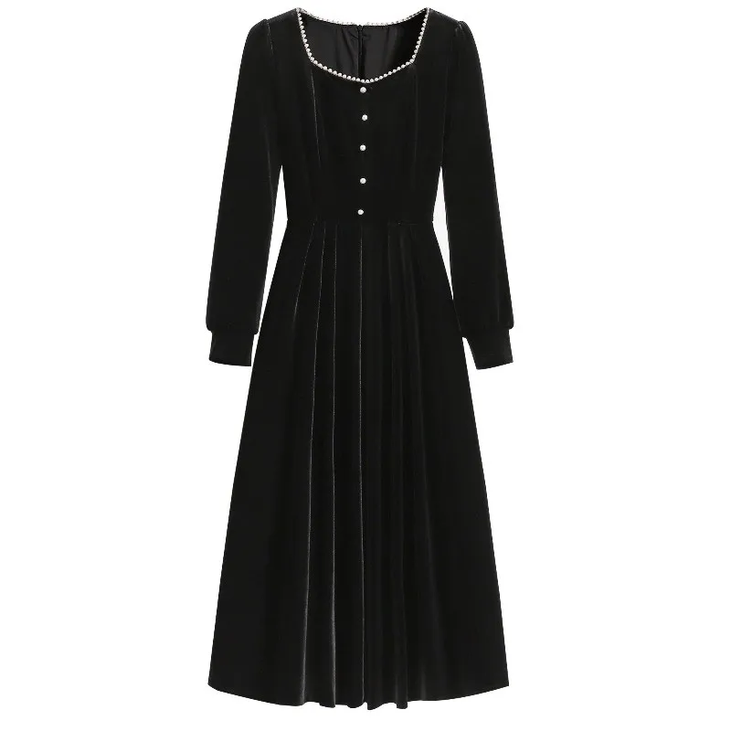 M-4xl Autumn Women Black Velvet Dress Elegant Pearl Square Collar Long Sleeve Oversized Vestidos Temperament Female Dress