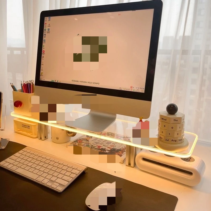 

Light strip transparent laptop stand, monitor support, desktop riser shelf, storage acrylic support shelf, dormitory