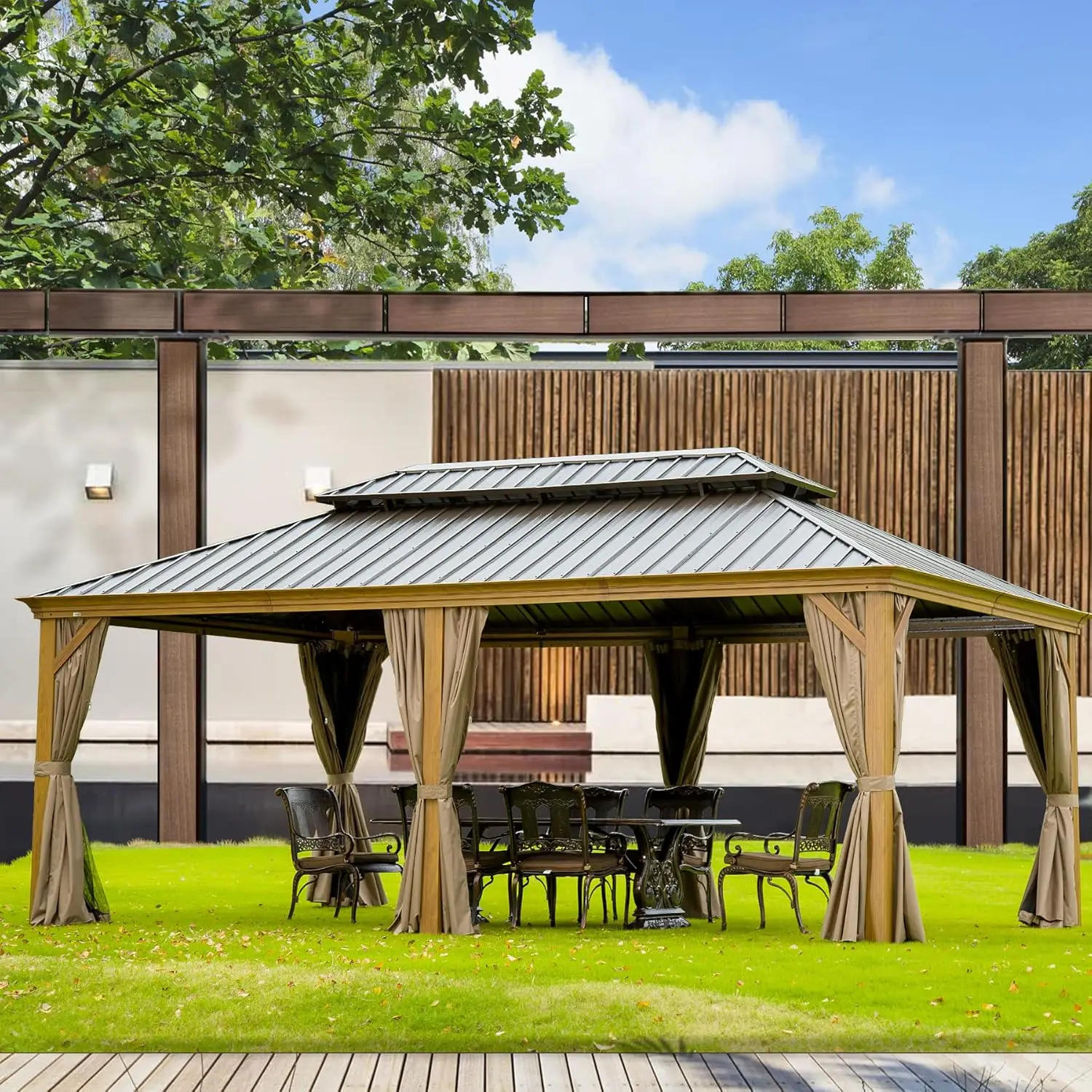 

12’x18’ Hardtop Gazebo, Wooden Coated Aluminum Frame Canopy with Galvanized Steel Double Roof, =Deck and Lawn