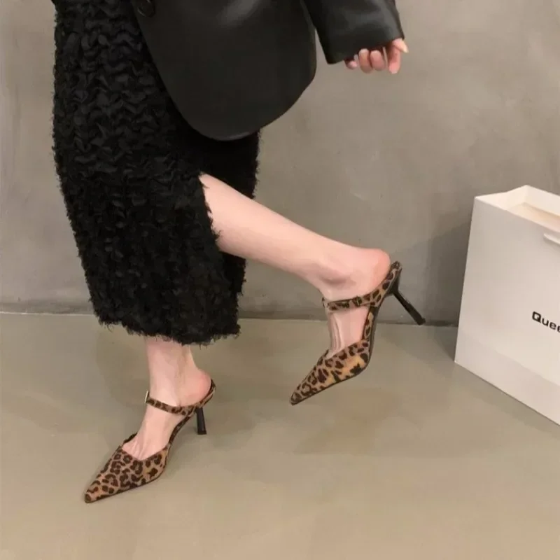 

Sexy Women's Single Shoes Spring and Summer Leopard Pattern Pointed Thin Heel Open Heel High Heel Wrapped Sandals for Women 2025