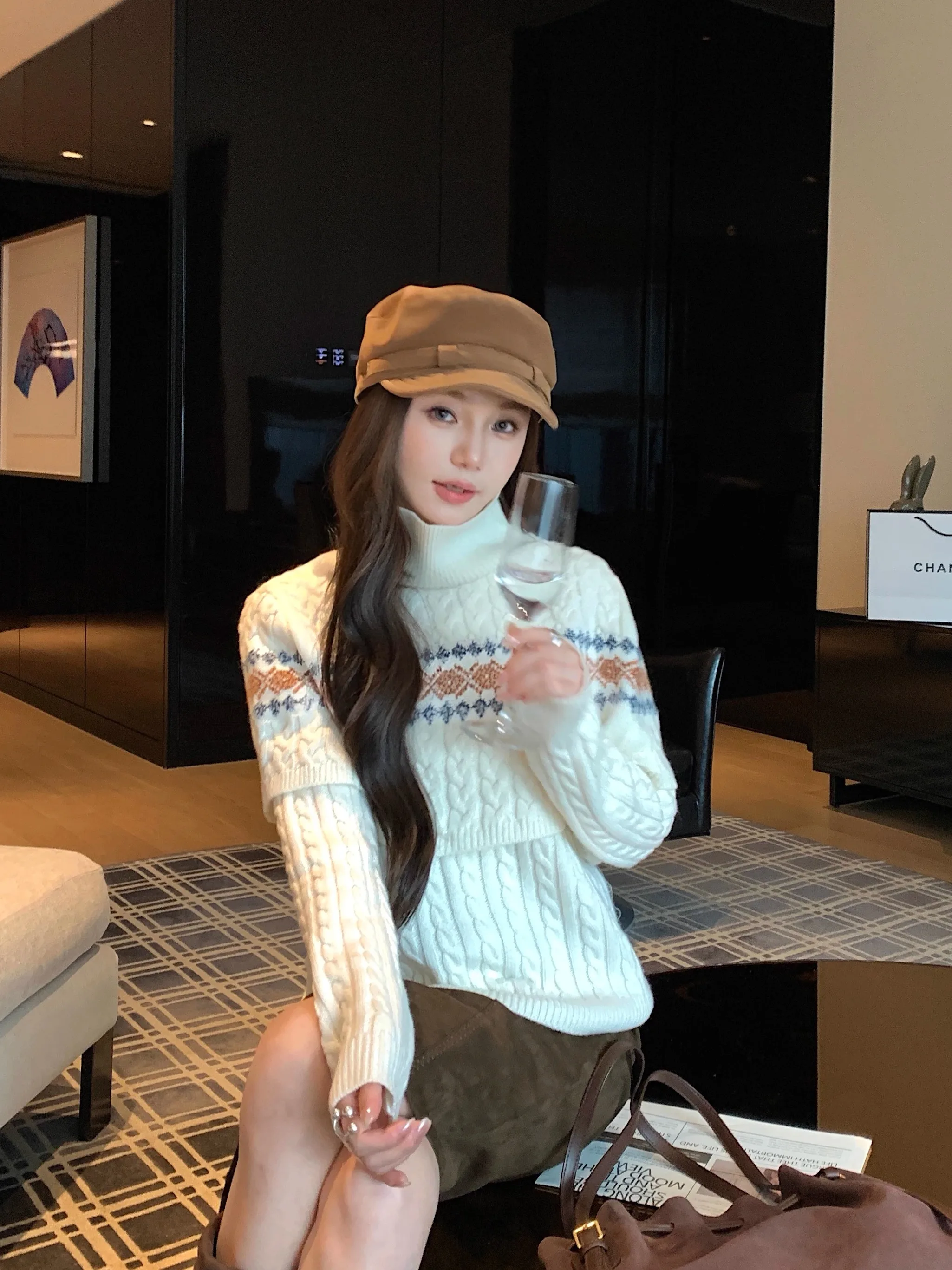 

Early Aosphere Fair Isle Wool High Ne Tent ape oulder awl Two Piece Set Long Sve Sweater Autumn Winter Women's K...