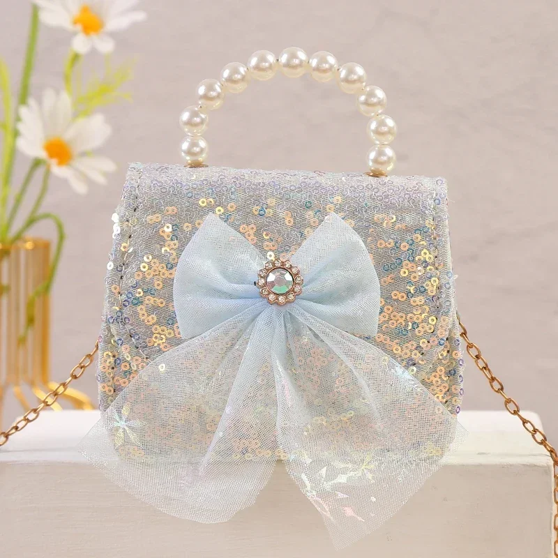 Fashion Lace Bow Children Shoulder Bag Pink Sequins Coin Purse Girls Pearl Handbag Korean Princess Chain Crossbody Bag for Kids