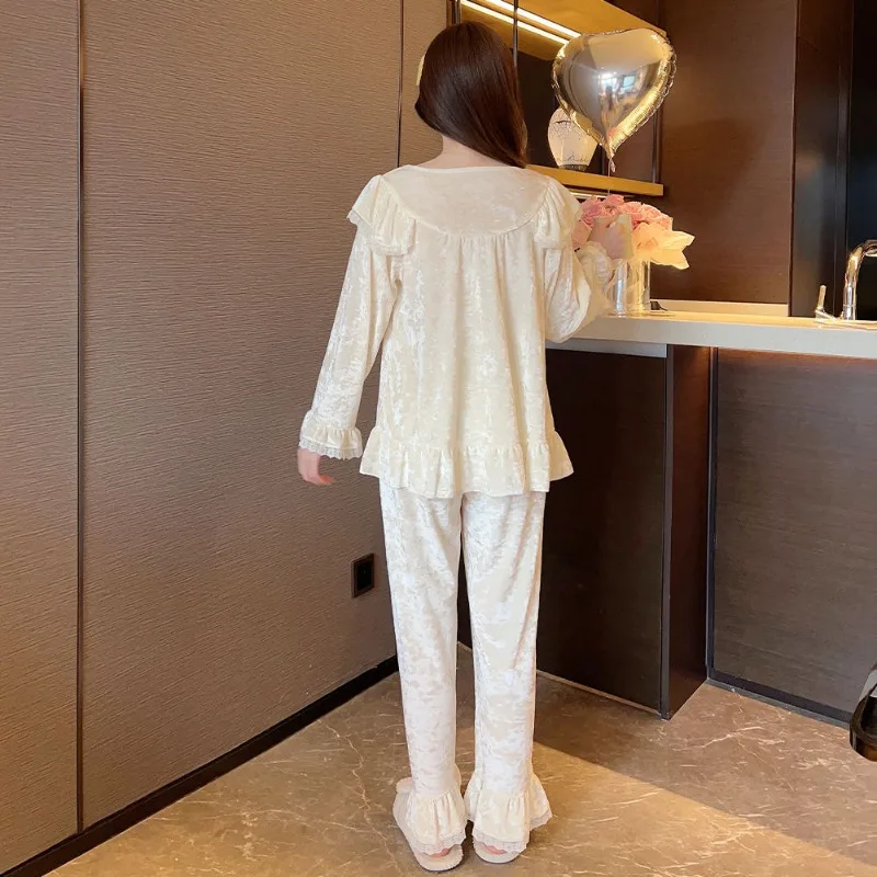 2024 New Women Gold Velvet Pajamas Spring Autumn Female Long-Sleeved Trousers Nightclothes Two-Piece Set Ruffles Casual Homewear