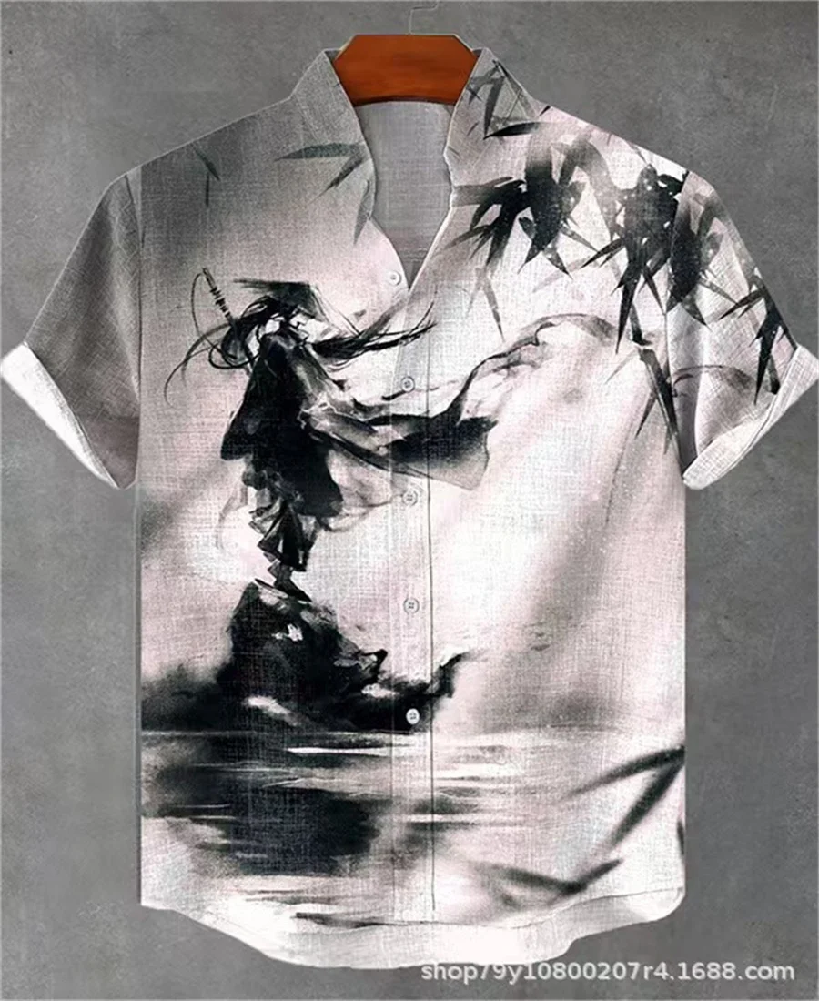 

Men's Linen Shirt Stand Collar Shirt Casual Shirt 3D Printing Art Martial Arts Hawaiian Holiday Men's Streetwear Tops