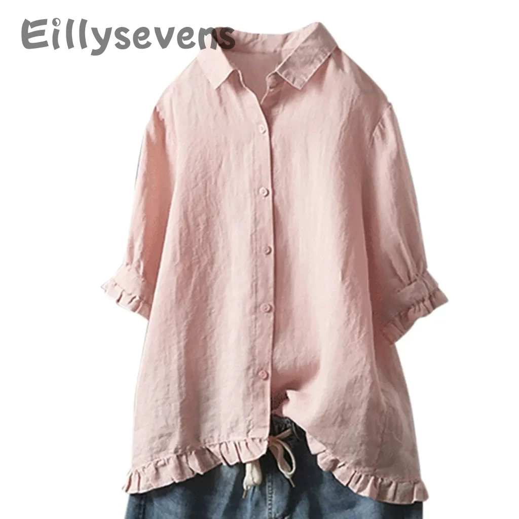 Women\'s Cotton And Linen shirt Solid Color lapel Button Up Shirt Upper Hem Short Sleeve Loose and casual Top Autumn Streetwear