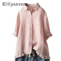 Women's Cotton And Linen shirt Solid Color lapel Button Up Shirt Upper Hem Short Sleeve Loose and casual Top Autumn Streetwear