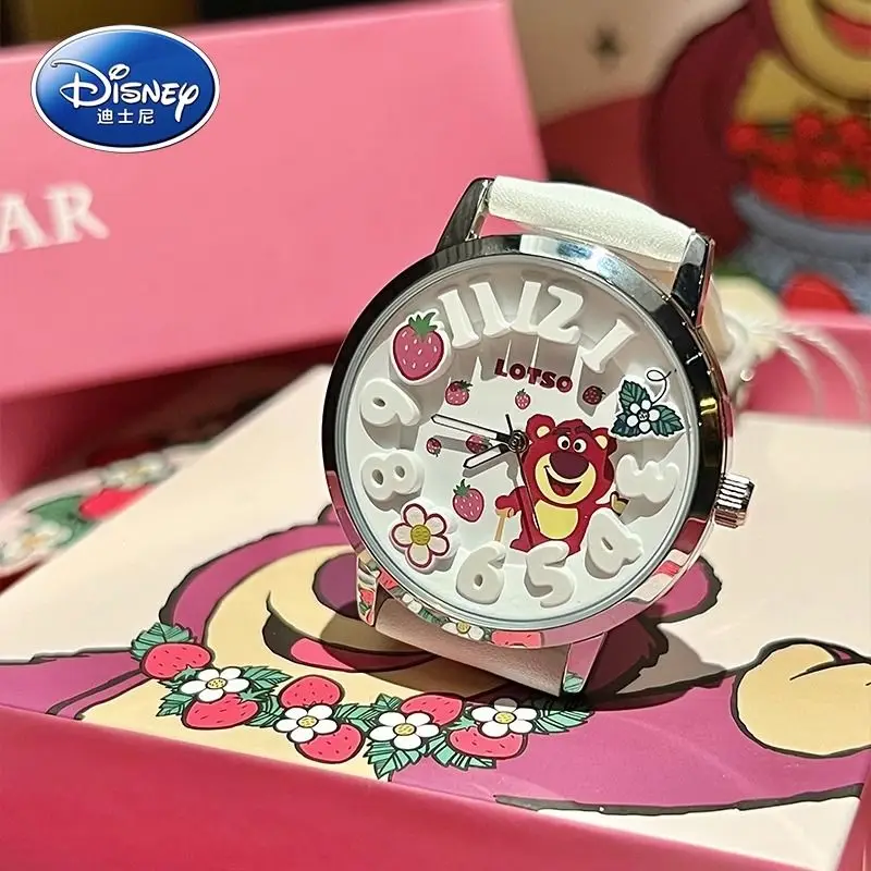 Echte Nieuwe Disney Aardbei Beer Roterende Horloge Meisjes Lichtgevende Elektronische Quartz Horloges