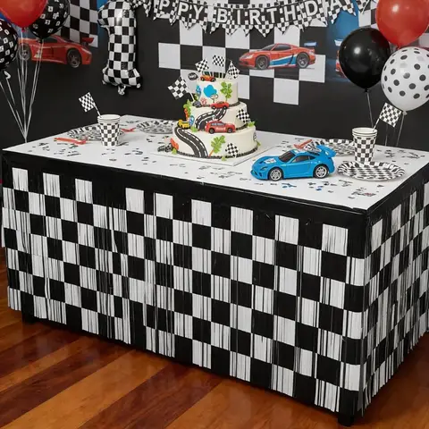 1Pc Racing Foil Fringe Curtain  29.5x108in Black White Checkered Table Runner, Race Car Party Decor for Round & Rectangle Tables