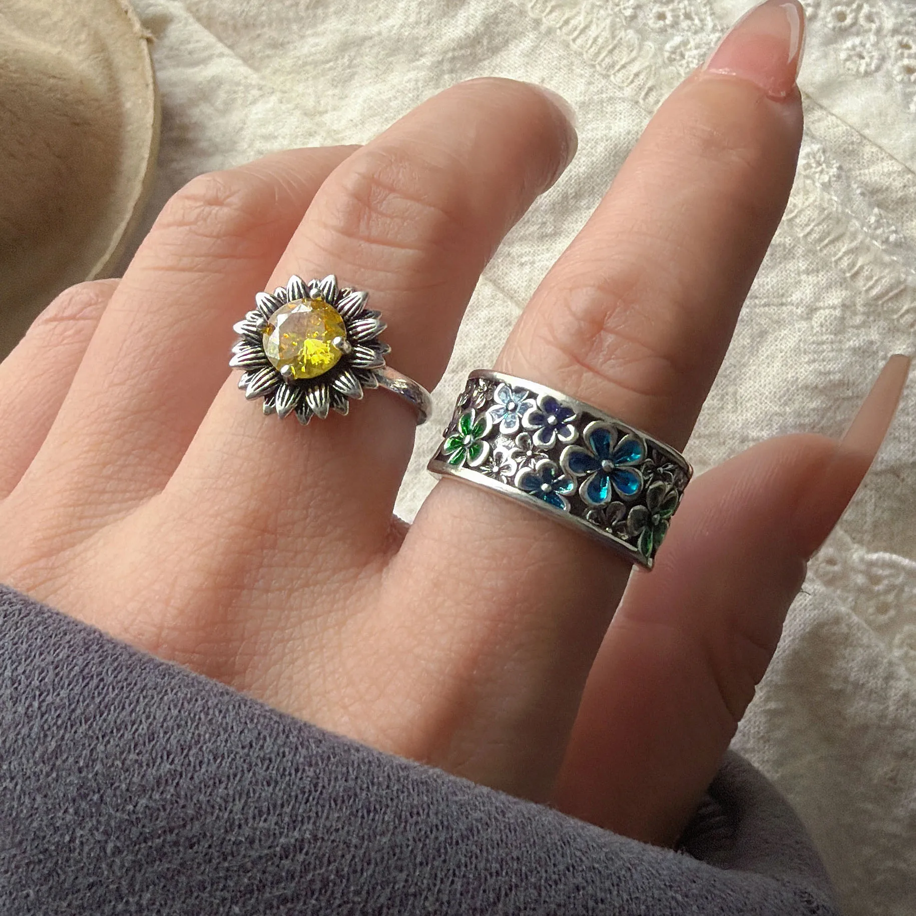 925 فضة خواتم للنساء زوجين الحد الأدنى اليدوية بسيطة الأصفر زهرة الزركو خاتم غرامة مجوهرات هدية منع الحساسية