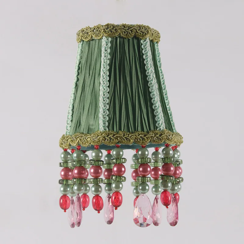 Special bead pendant lamp cover folding cloth art iron lampshade custom fashion personality European pleated green lampshade