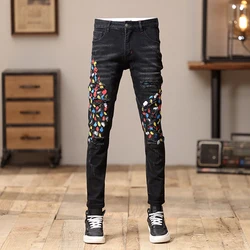 2024 New Black Jeans Men's Fashion Tight Personality Patch Design Handsome High Street Fashion Casual Motorcycle Trousers