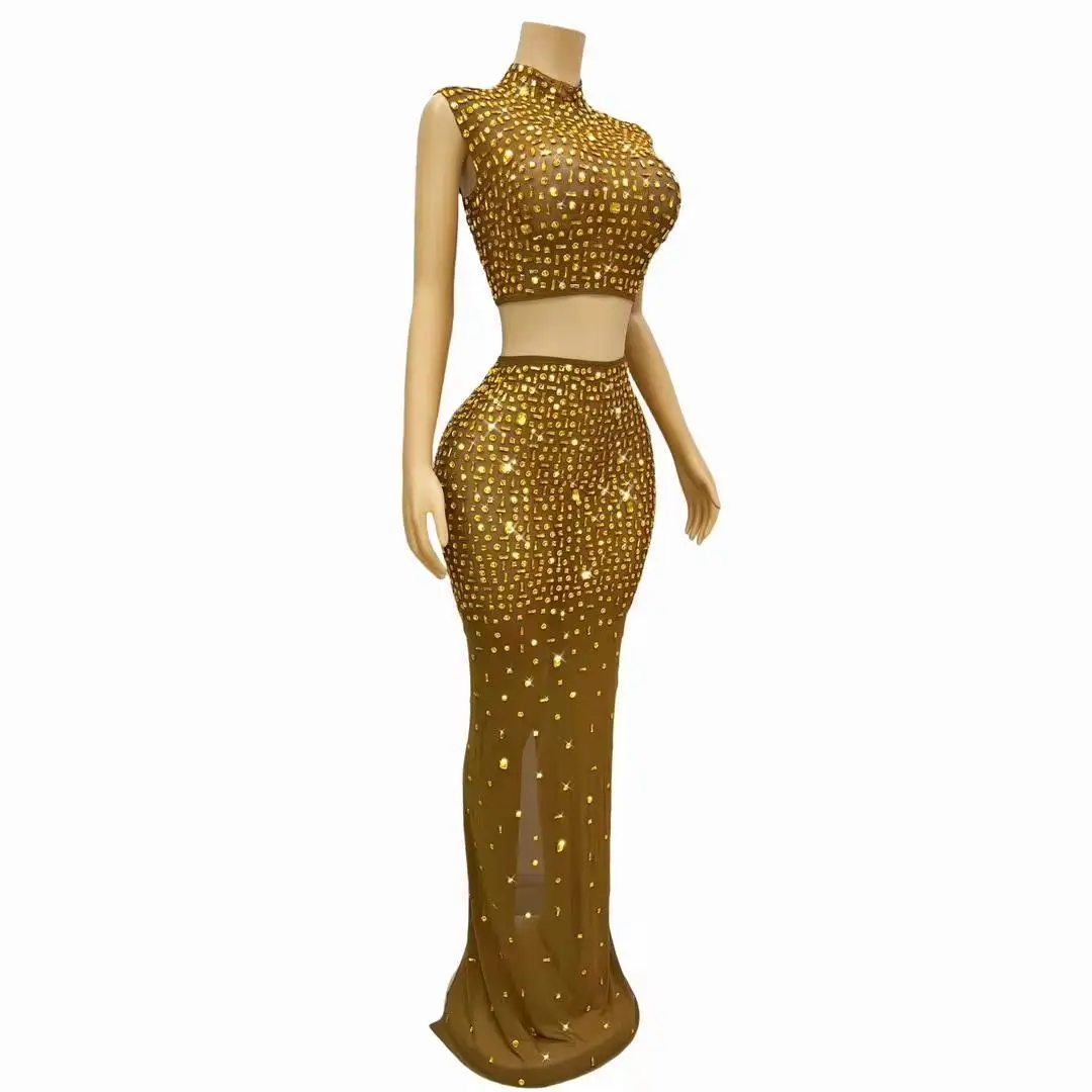 Gold Rhinestones Transparent 2-Pieces Dress Singer Costume Outfit Set Top Skirt Black Girl Evening Prom Party Collection Jinbei