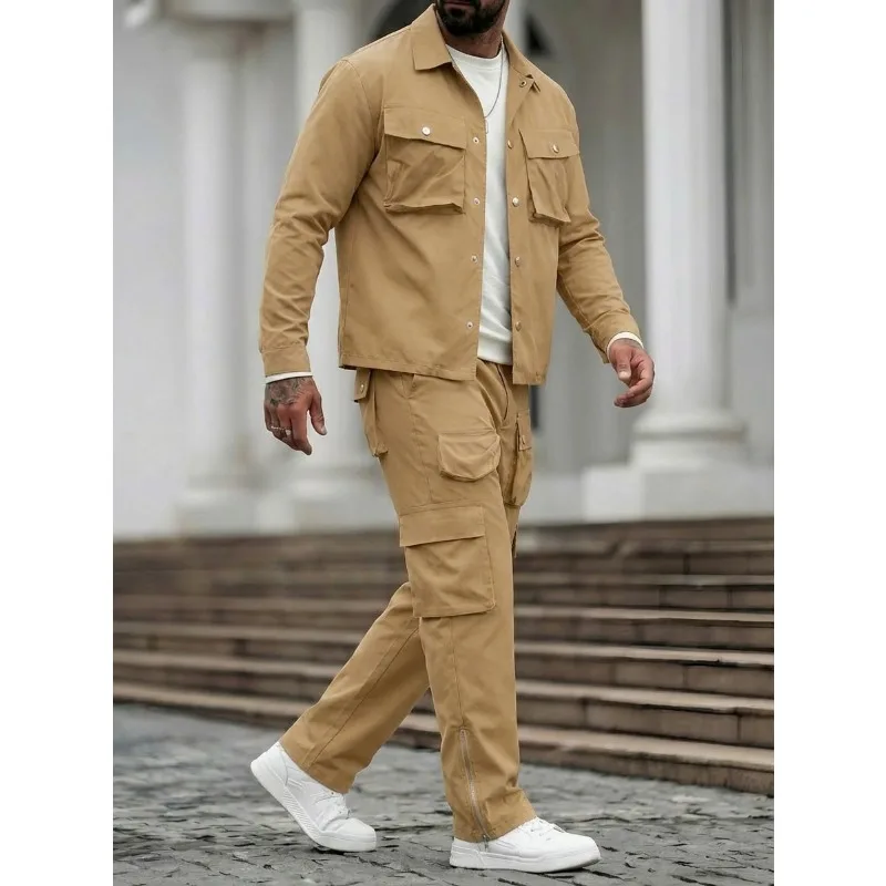 

Men's 2 Piece Cargo Tracksuit Button Down Work Jacket Multi-Pocket Pants Set Casual Utility Outfit with Multiple Colors