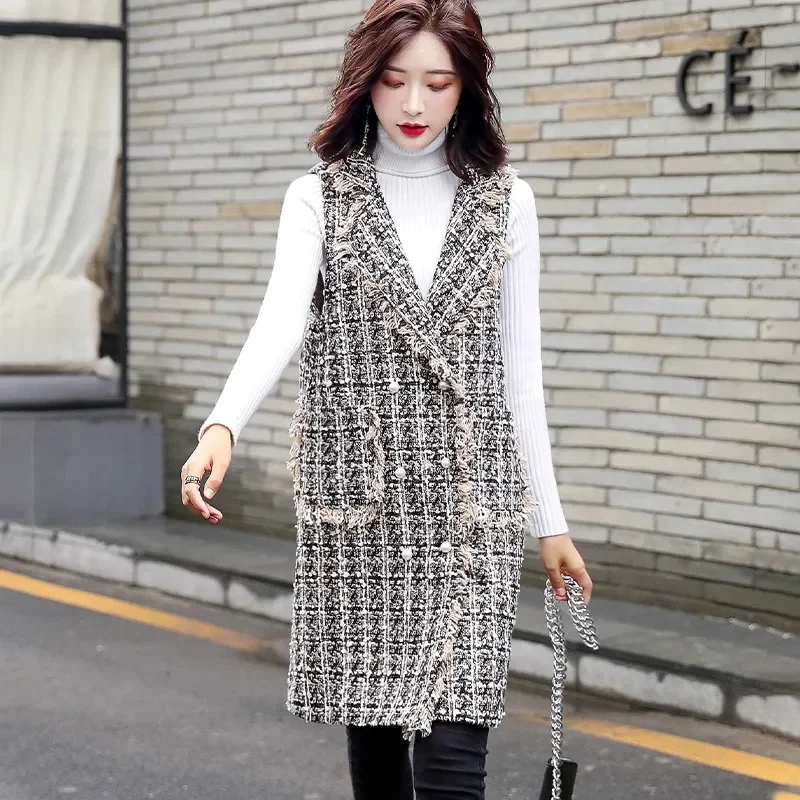 

Vest Female 2022 Spring And Autumn New Sleeveless Jacket Mid-Long Increase Suit Collar Woolen Jacket Plaid Vest Coat Ladies