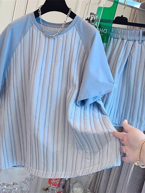 

Модный полосатый комплект: женская летняя футболка с коротким рукавом и повседневные брюки, комплект из двух предметов, юбка А-силуэта с высокой талией, стиль для офиса/повседневной носки