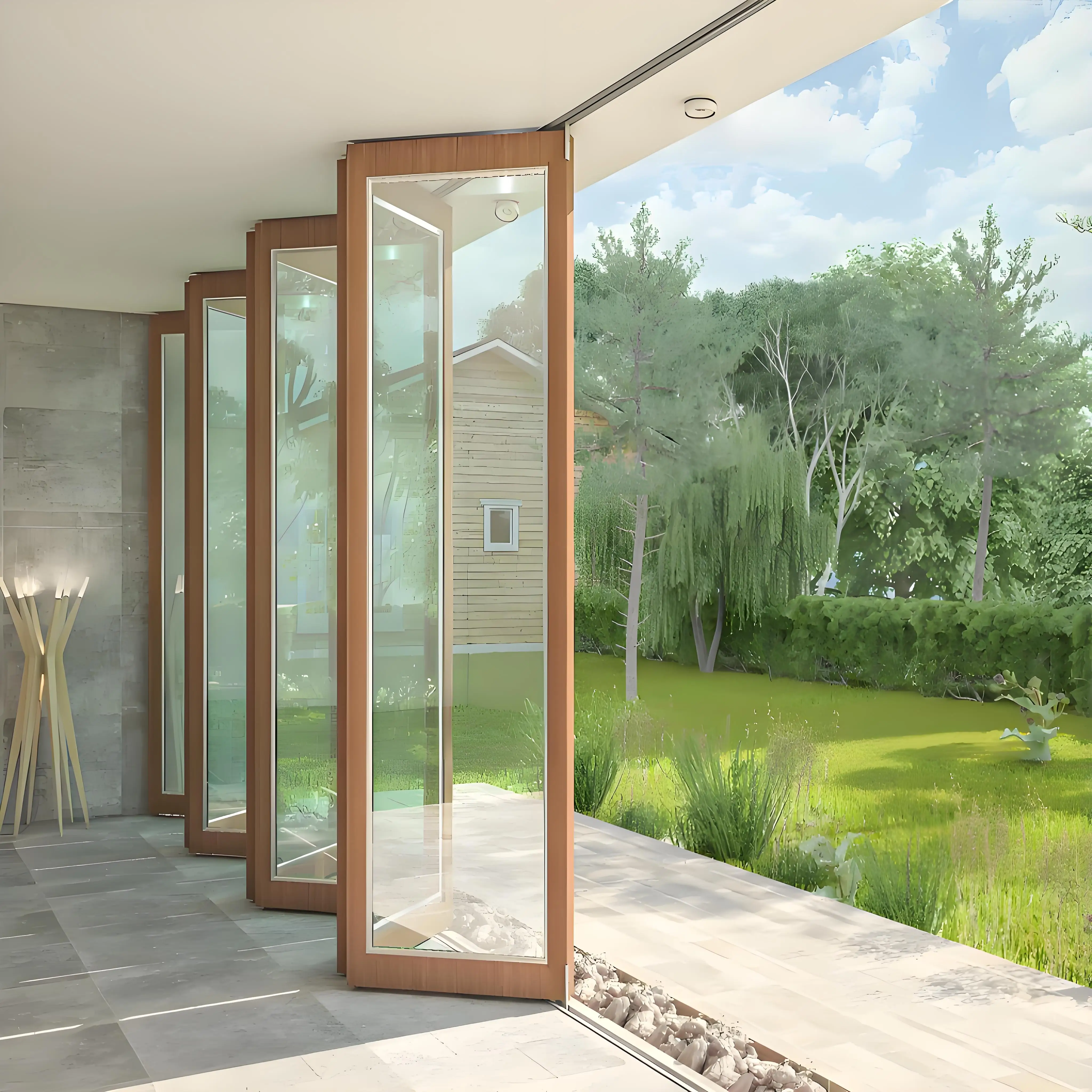 باب منزلق قابل للطي من Sixinalu مع شاشات، أبواب دخول الأكورديون الداخلية الخارجية، ألومنيوم مزدوج الزجاج، حديقة منزلية مخصصة