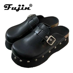 Fujin 6.5cm New Genuine Leather Flats Summer Round Big Toe Big Size High Brand Women Sandal Slippers Pumps Platform Wedge Shoes