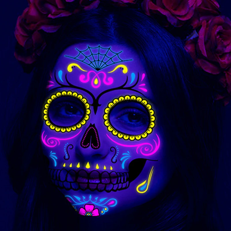 Waterproof Fluorescent Temporary Tattoo Halloween Stickers Day of the Dead Party Festival Night Bar Face Stickers False Tattoo