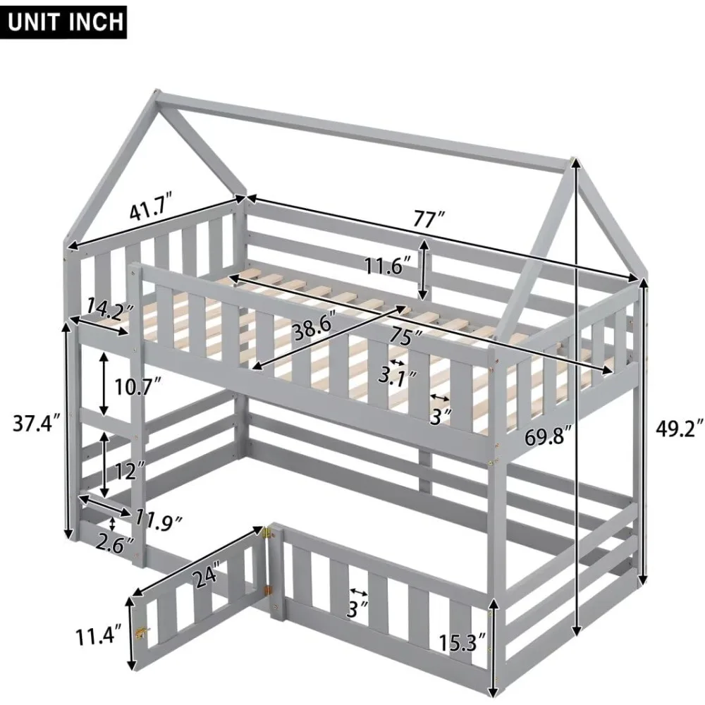 Twin Over Twin House Bunk Bed, Floor Low Bunk Bed with Fence and Door, Solid Wood Bunks Beds Frame with Guardrails and Ladder