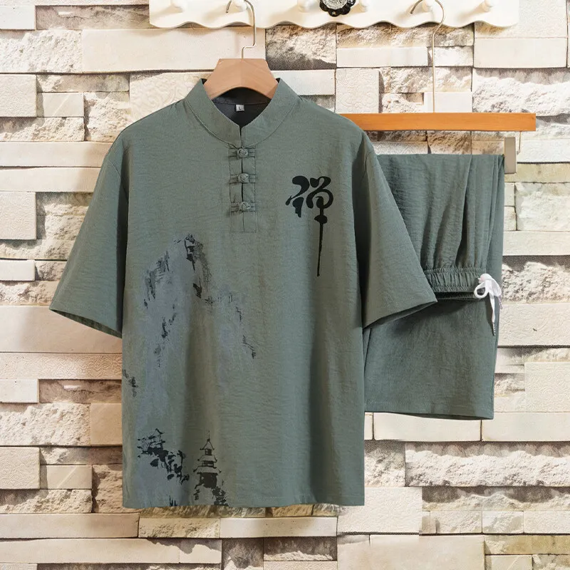 

Chinese Traditional Men Set Spring Summer Cotton Linen Buckle Hanfu Shirt Pants Two Piece Tai Chi Breathable Uniforms Kung Fu