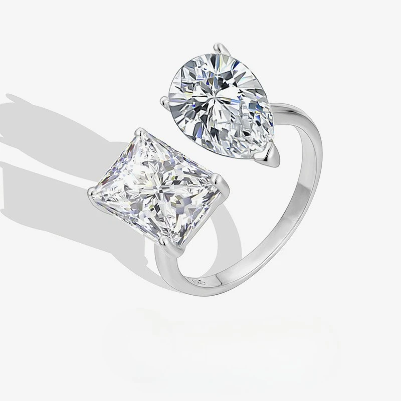 New S925 Silver Ring Women's Water Drop Square Candy Geometric Design Trendy Opening Adjustable Ring Wedding Jewelry