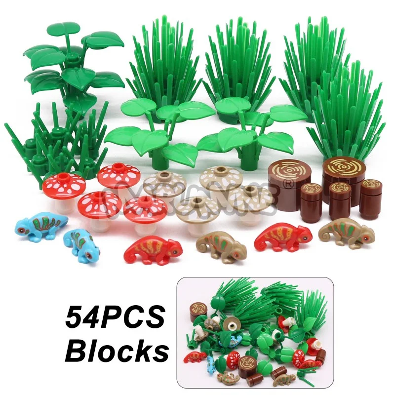 MARUMINE 48PCS-54PCS MOC Bausteine Zubehör Set Dschungel Garten Stadtansicht Ziegel Modus Teile Eidechsen 2435 3471 6064 14769