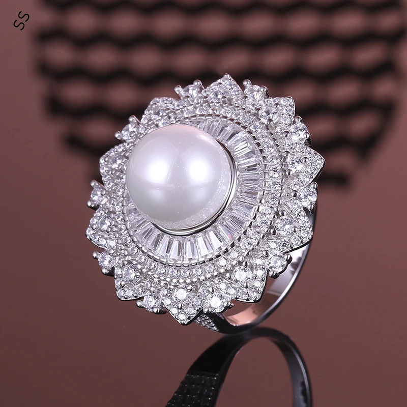 European and American Fashion Atmosphere 925 Sterling Slver Pearl Ring for Women Inlaid with Diamond Jewelry Hand Accessories