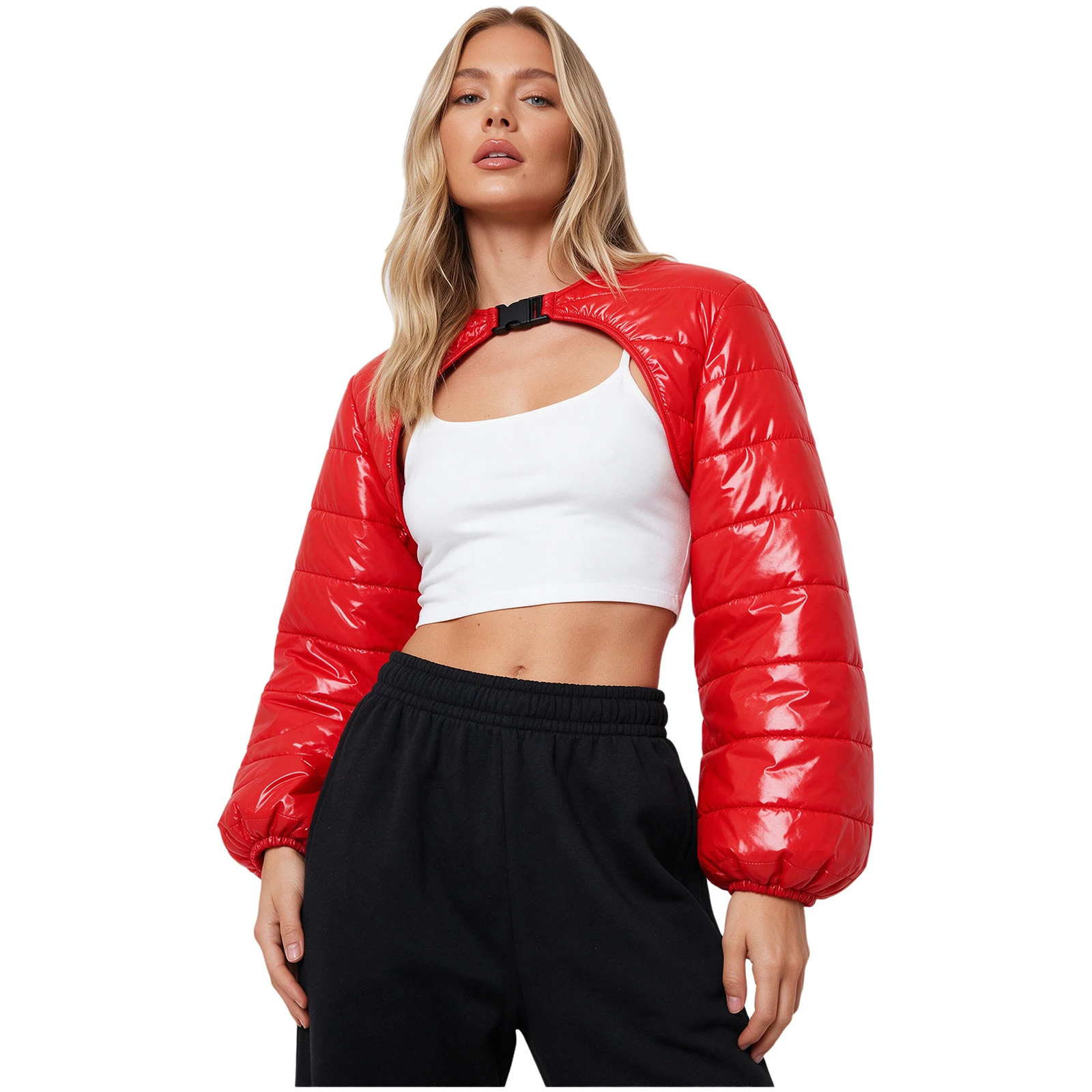 Womens Ladies Waterproof Puffer Quilted Padded Crop Top Glossy Long Sleeves Elastic Cuffs Open Front Shrug Tops for Club Party