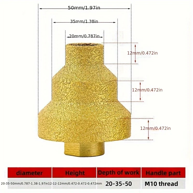 Set di punte per alesatore a cono per brasatura diamantata, dimensioni 20 mm, 35 mm, 50 mm con filettatura M10, per lavori di mattoni, foratura e rifilatura del marmo