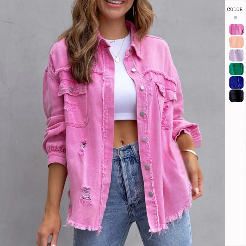 2023 New Trendy Solid Color Raw Edge Ripped Denim Jacket Women\'s Autumn and Winter Temperament Casual Jacket Coat Women