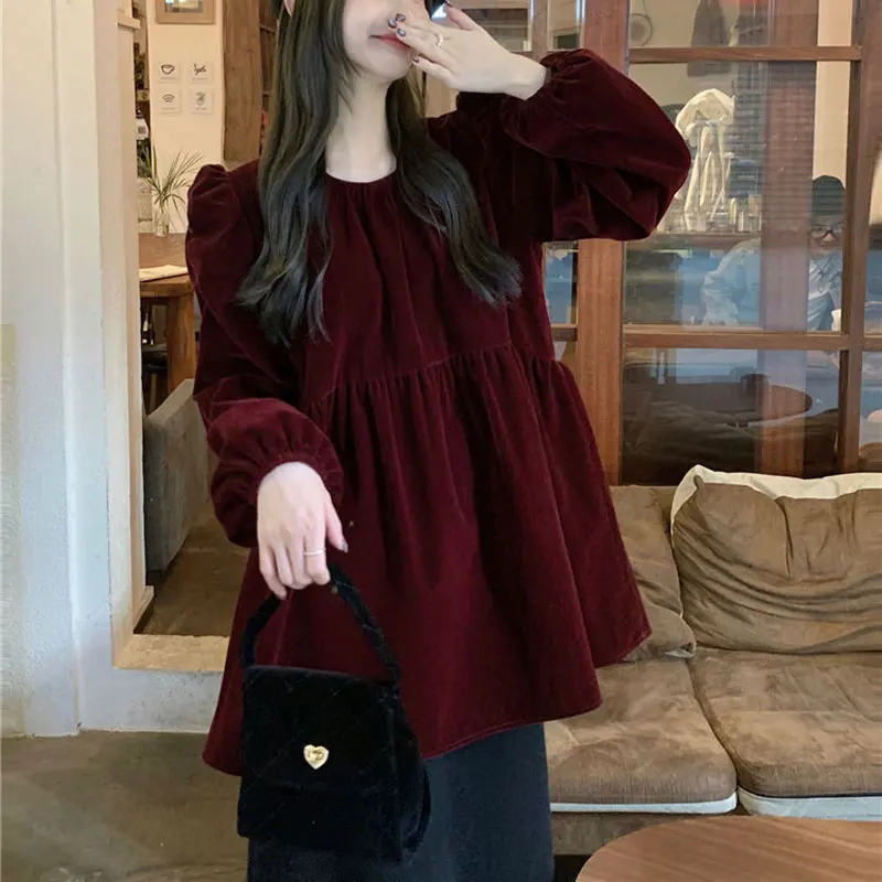 

French Style Vintage Blouse Women's Clothing Fashion Puff Sleeve Autumn Winter Solid Color Basic Aura Folds Loose O-Neck Shirt