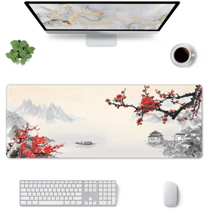 Japanese Cherry Blossom Gaming Mouse Pad Retro Extended Large Mat Desk Stitched Edge Mousepad Long Non-Slip Rubber Base Decorate