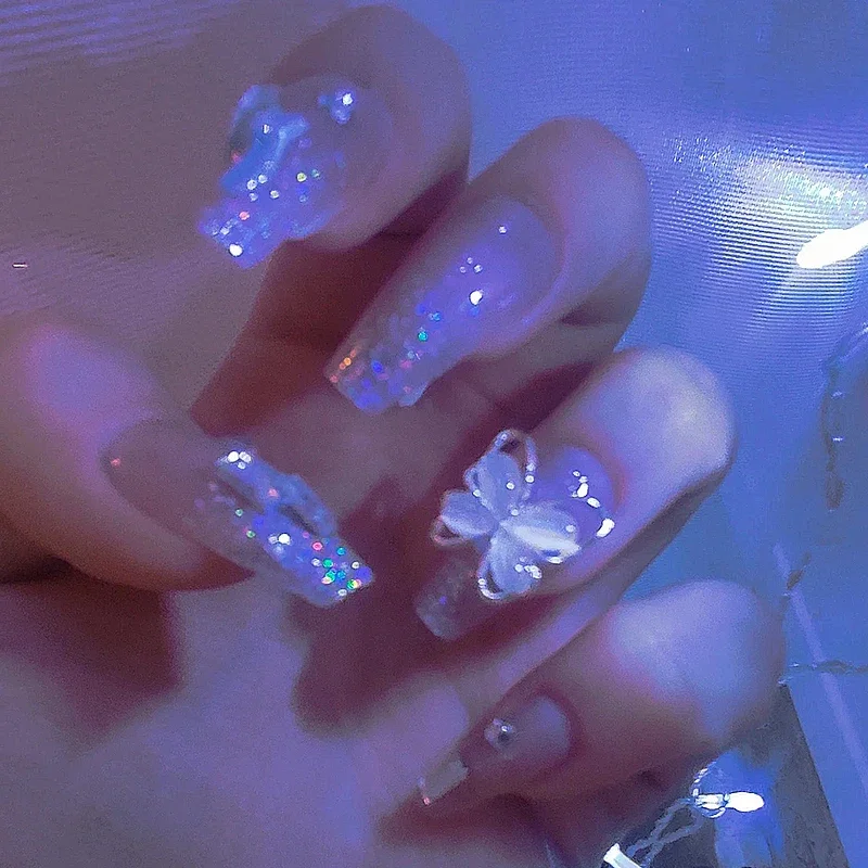 24 pçs/caixa unhas falsas imprensa em reutilizáveis com projetos conjunto francês artificial aurora diamante falso tipsy stick-on unhas dicas arte