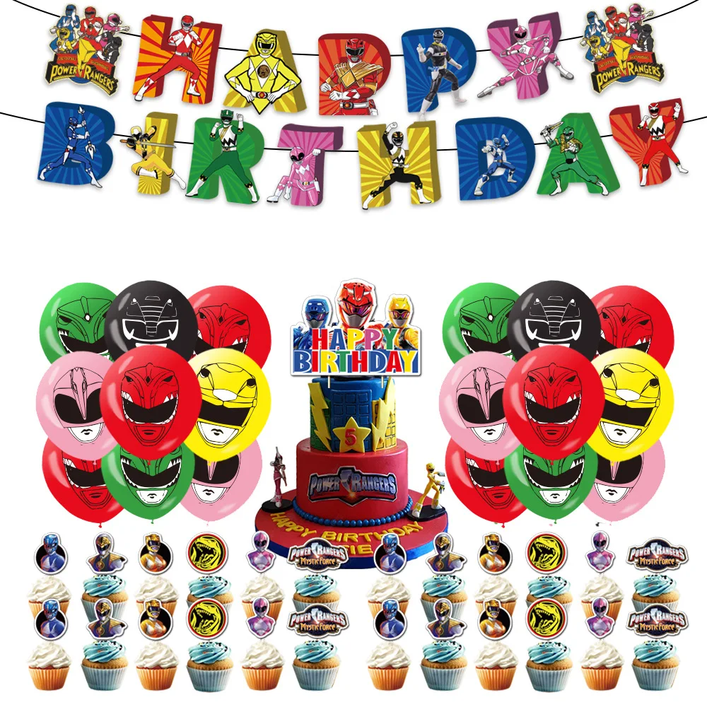 Power Rangers Anime Theme Disposable Party Supplies Children's Birthday Banners Cake Toppers Balloons Party Decoration Sets