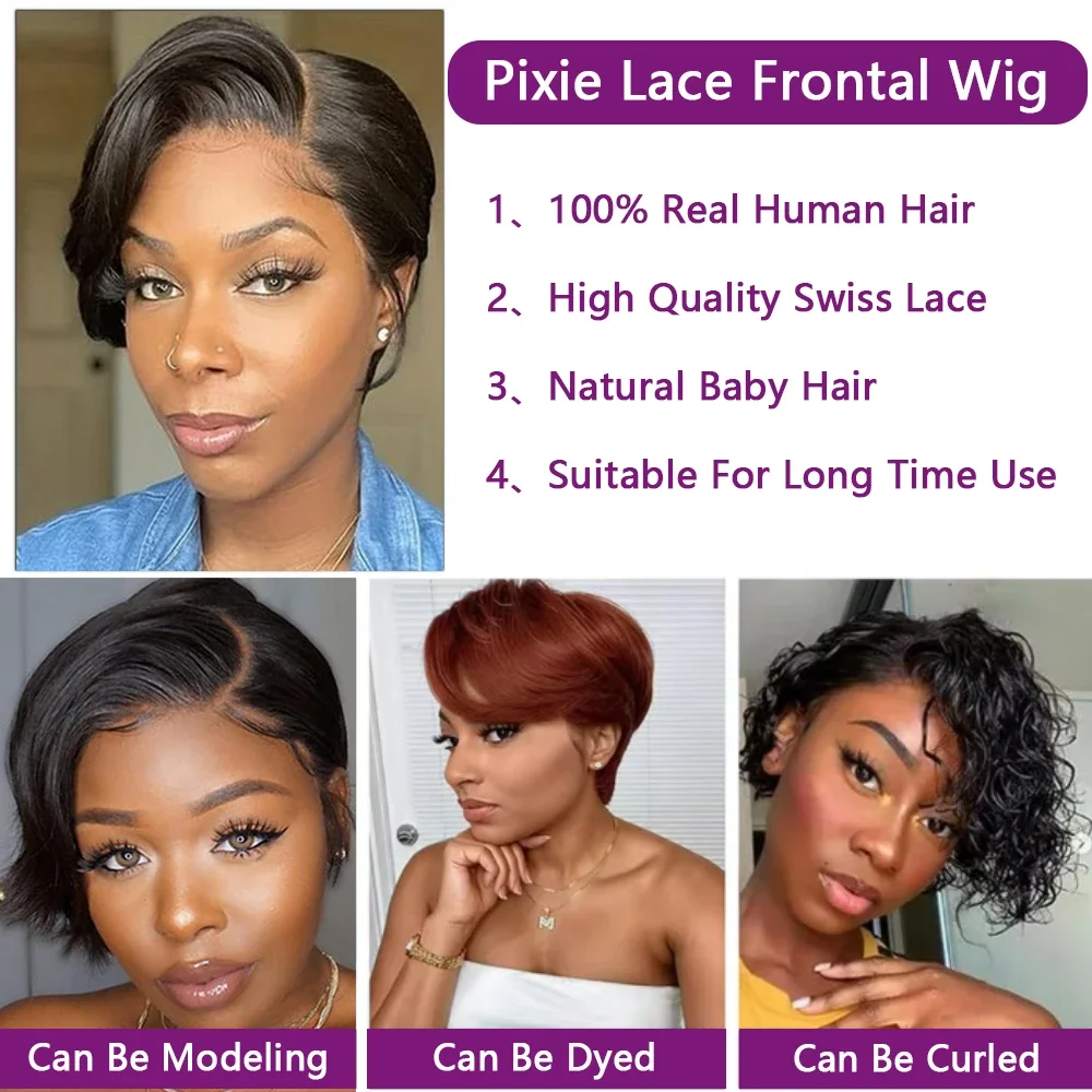 Glueless Straight Pixie Cut Human Hair Wigs Short Wig Right Part Lace Wigs Pixie Cut Wig Natural 100% Human Black Wig