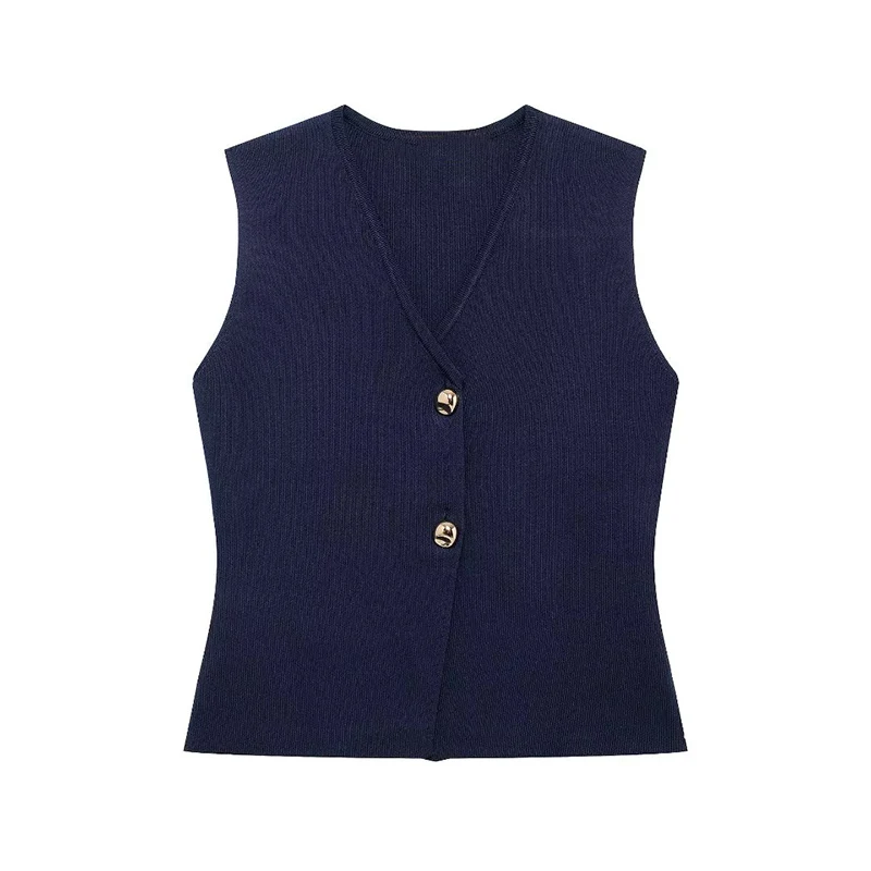 SIYANG Women Fashion Chic Gold Button Plain Knit Vest Tops Female V-Neck Waistcoats Ladies Cusual Knitwear