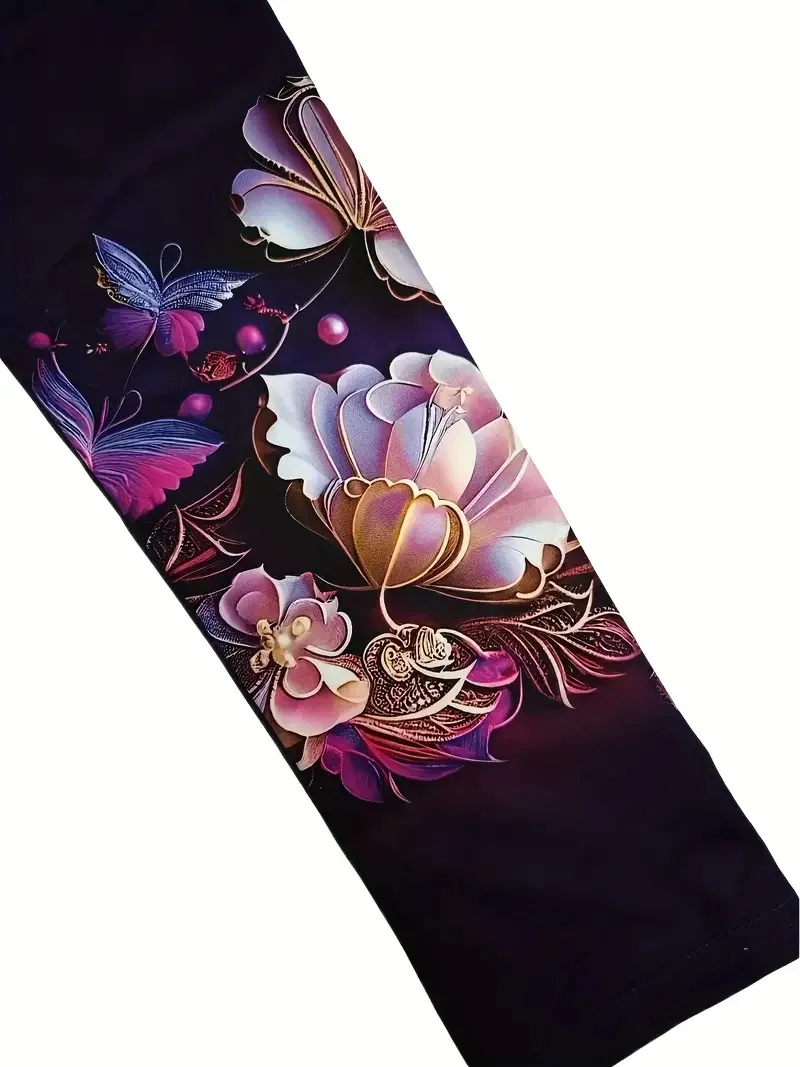 Flower print slim-fit hip lift elastic waist casual capri leggings for women