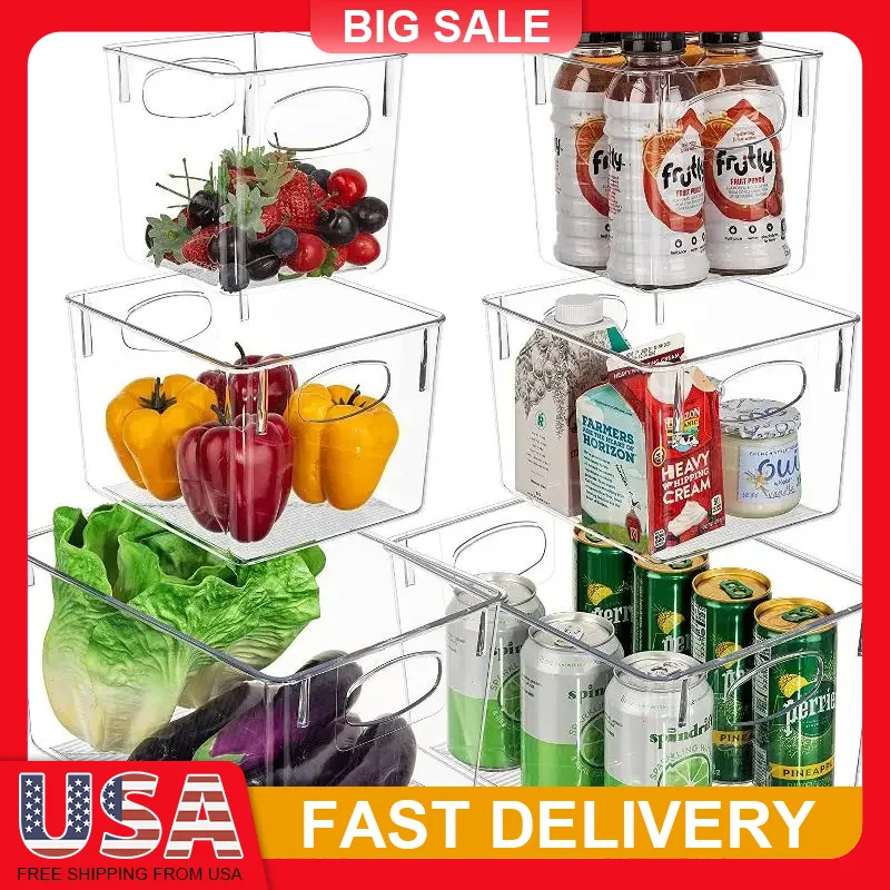 

6 Pack Clear Acrylic Storage Bins with Handles Stackable Organizer for Pantry Refrigerator Cabinet Kitchen Bathroom Organization